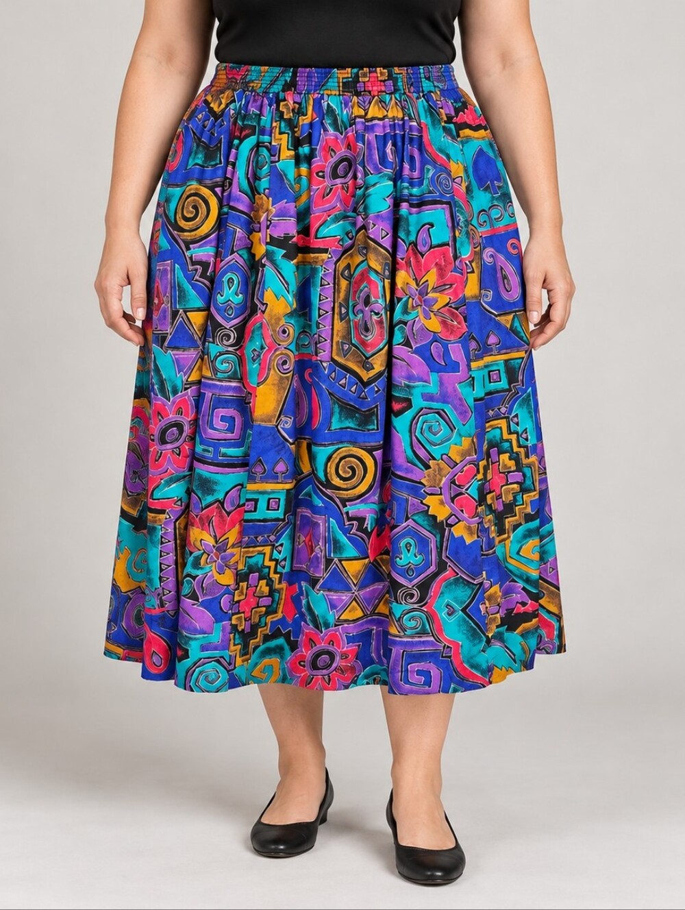 Vintage Roaman’s Colorful Abstract Midi Skirt Elastic Waist Made in USA